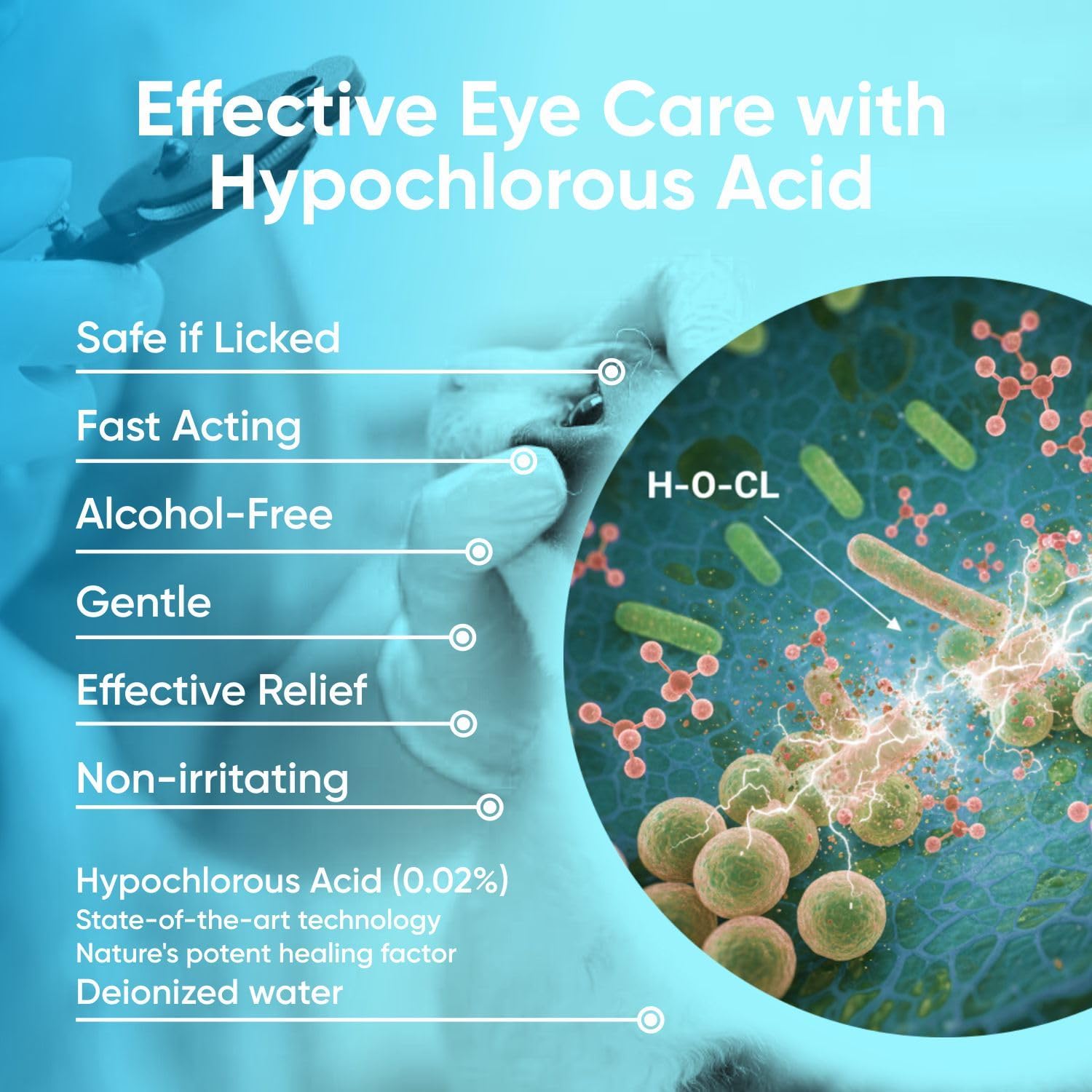 Hypochlorous acid eye cleanser for pets