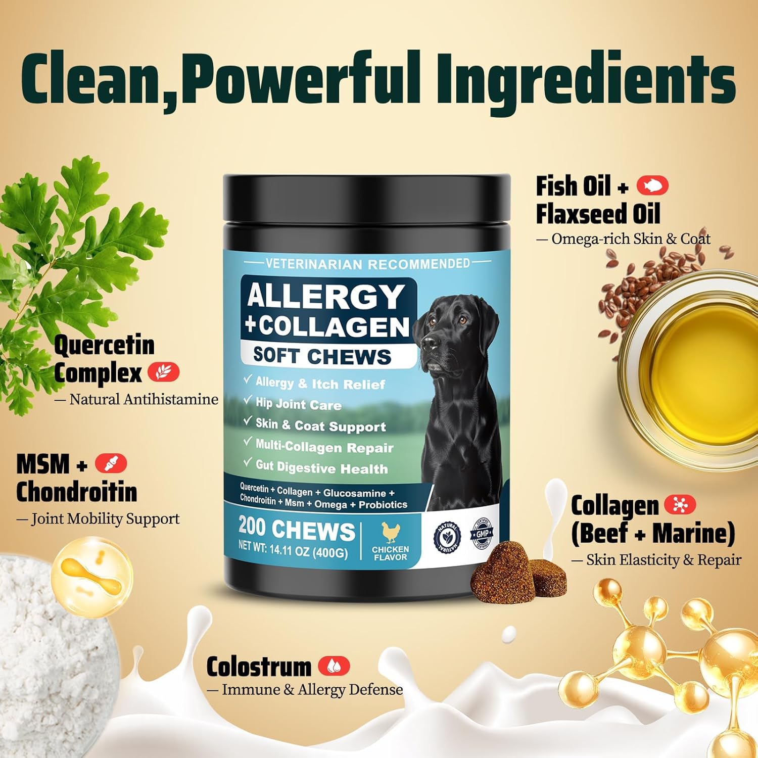 YYTKMY pet supplement container detailing the gut allergy axis probiotics and ingredients list.