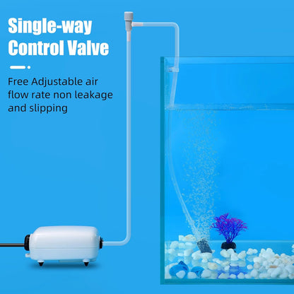 Close up view of the 2-way fish tank air valve connected to standard three-sixteenths inch airline tubing.