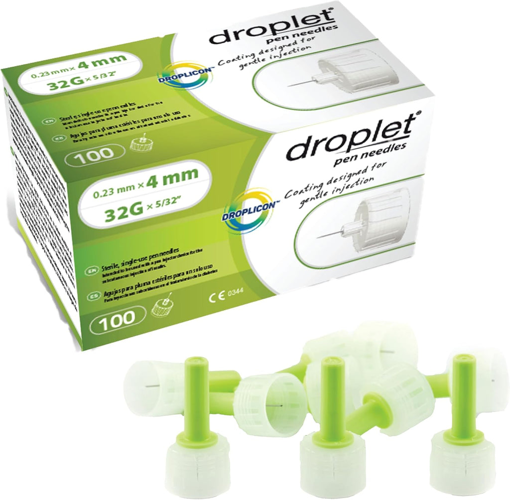 HTL-STREFA Droplet Pen Needles 32G 4mm 100 count box front view for diabetic care.