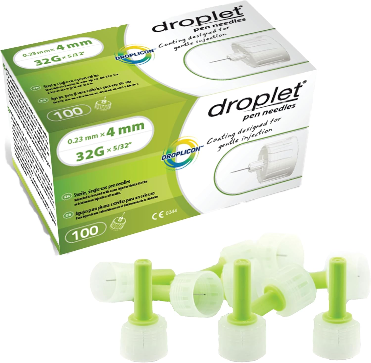 HTL-STREFA Droplet Pen Needles 32G 4mm 100 count box front view for diabetic care.