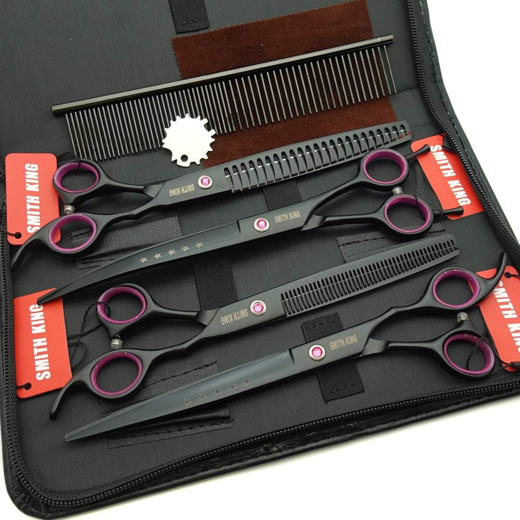 Smithking 8 inch pet grooming kit displaying pink comfort finger inserts on black scissors