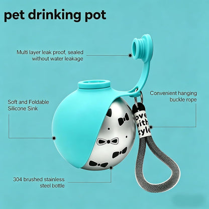 Close up of the flexible blue silicone bowl flipped open for small dog drinking.