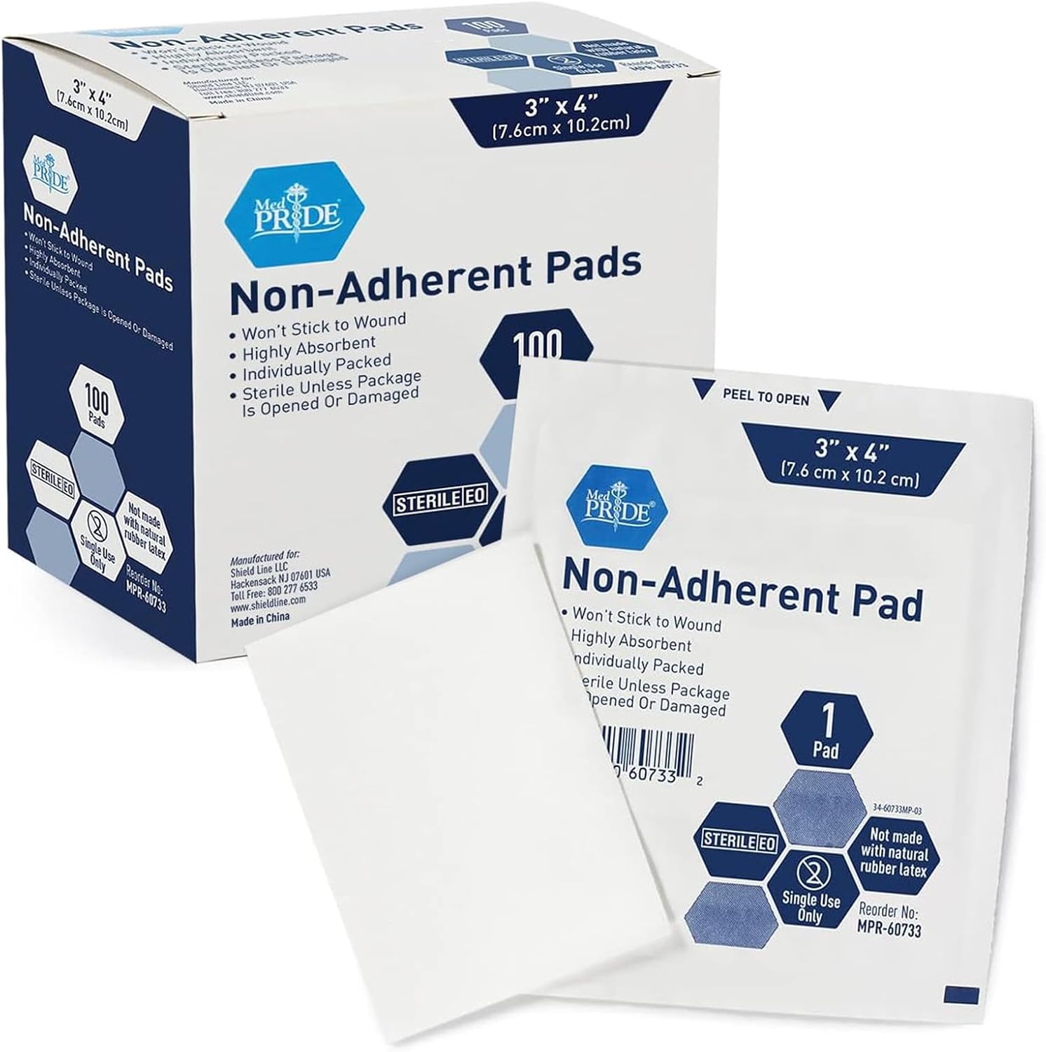 MED PRIDE sterile non stick pads 100 pack box front view for medical wound care