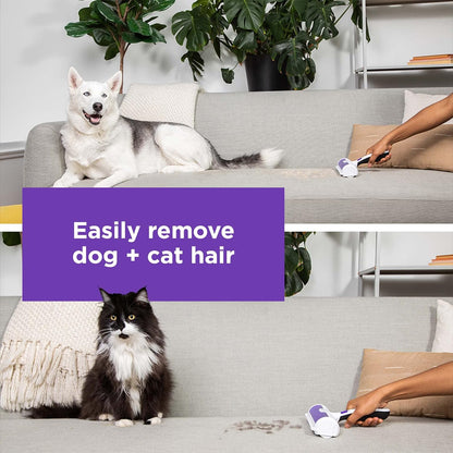 Hand using Black+Decker roller on a sofa for dog hair removal