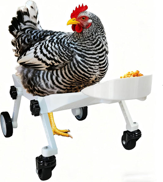 ANIMOASIS pet chicken wheelchair front view showing the lightweight white frame and integrated feeding tray.