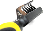 Ergonomic yellow and black non slip handle of the Pet Republique mat splitter rake.
