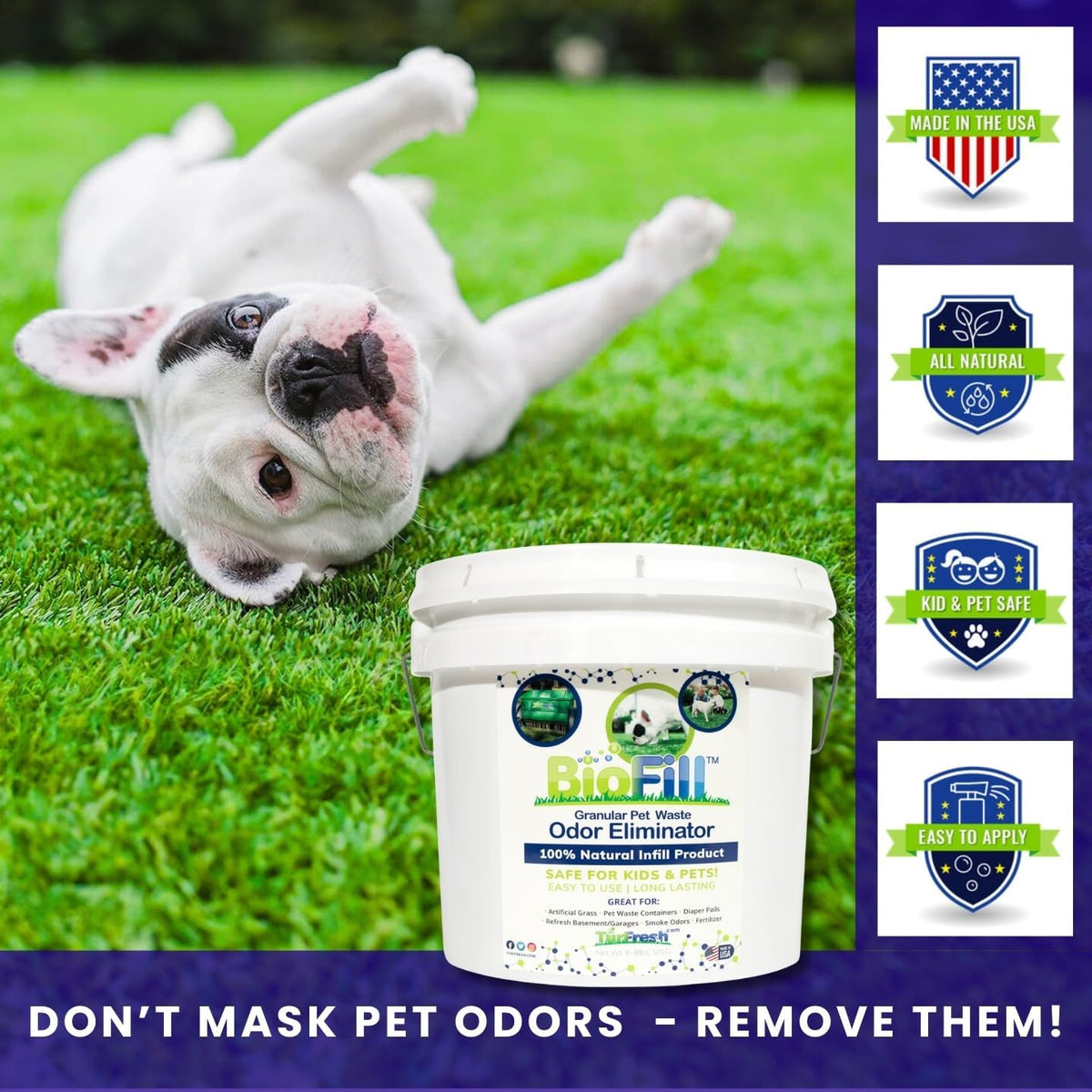 Pet safe artificial turf infill packaging showing child and dog friendly non toxic label