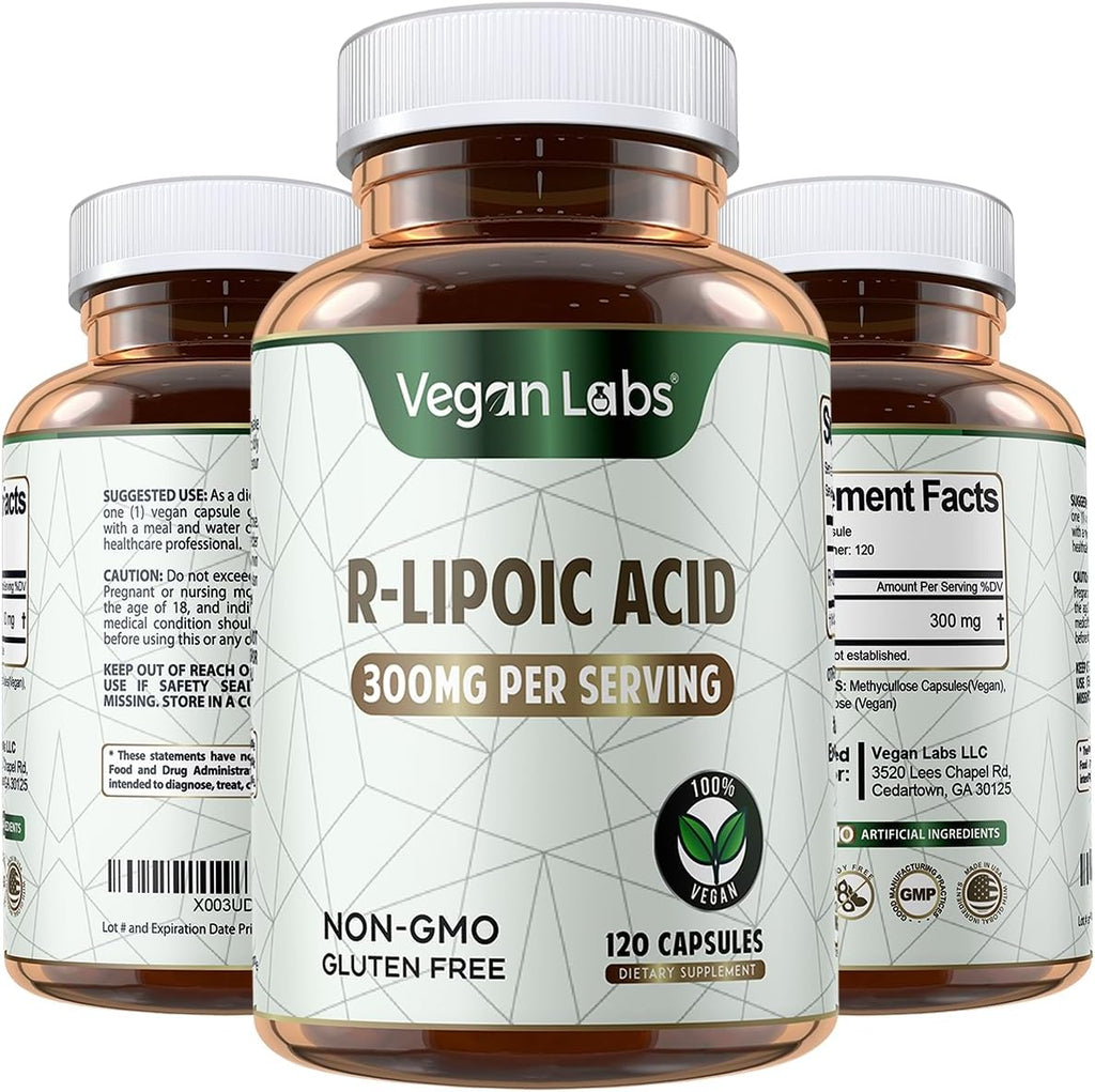 Vegan Labs Stabilized R-Alpha Lipoic Acid 300mg front view supplement bottle