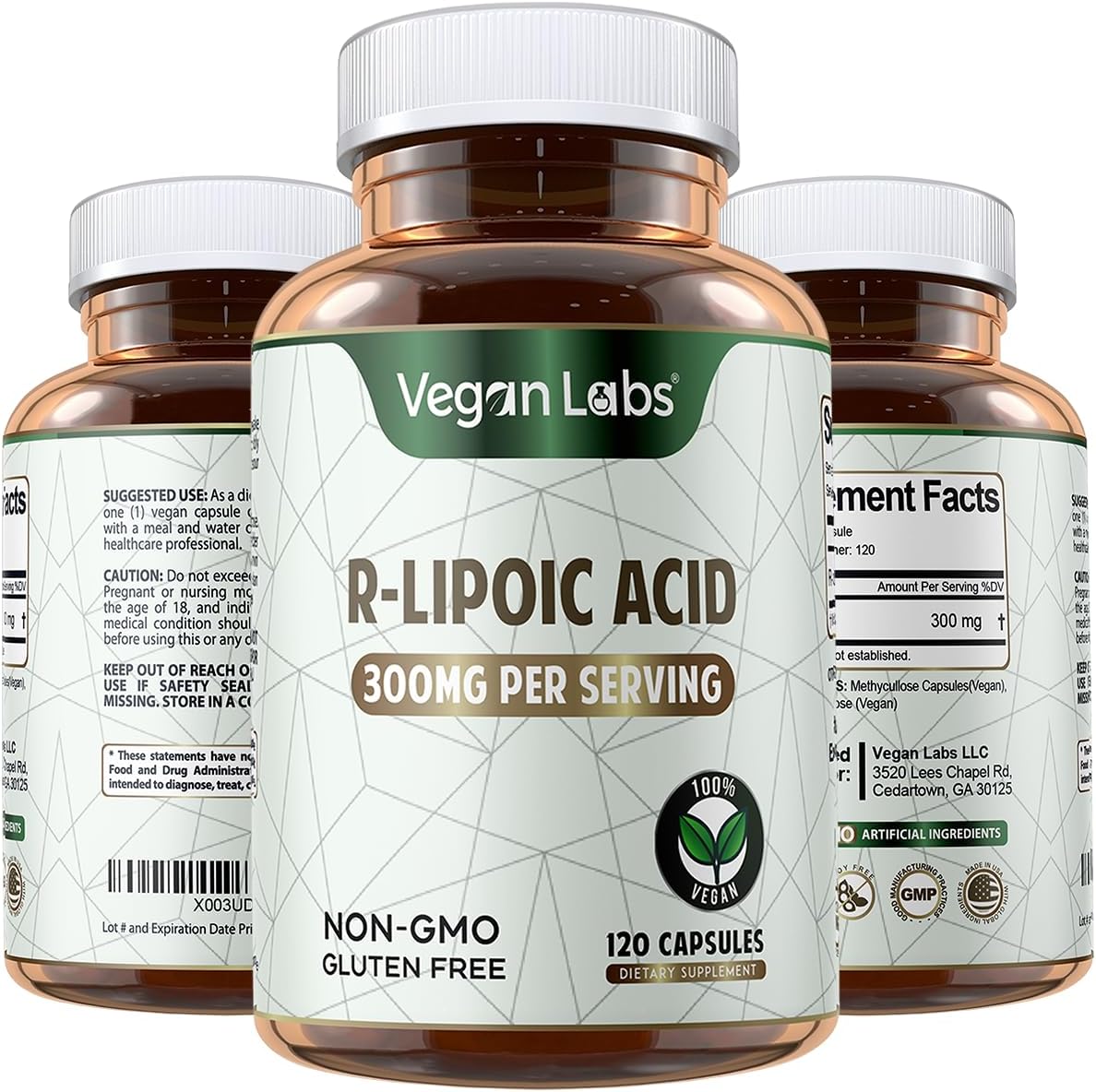 Vegan Labs Stabilized R-Alpha Lipoic Acid 300mg bottle front view for antioxidant support