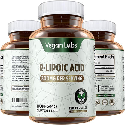 Vegan Labs Stabilized R-Alpha Lipoic Acid 300mg bottle front view for antioxidant support