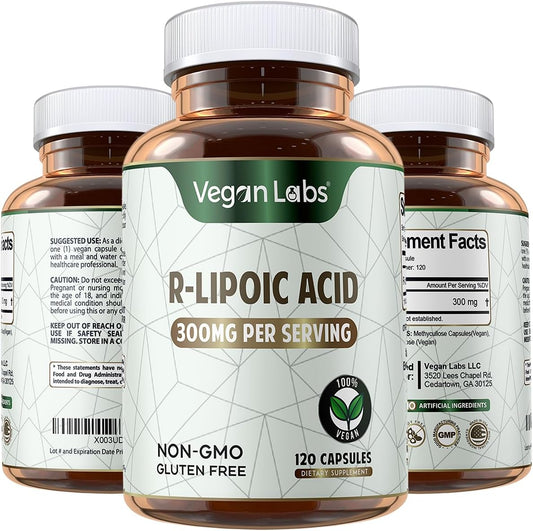 Vegan Labs Stabilized R-Alpha Lipoic Acid 300mg bottle front view for antioxidant support