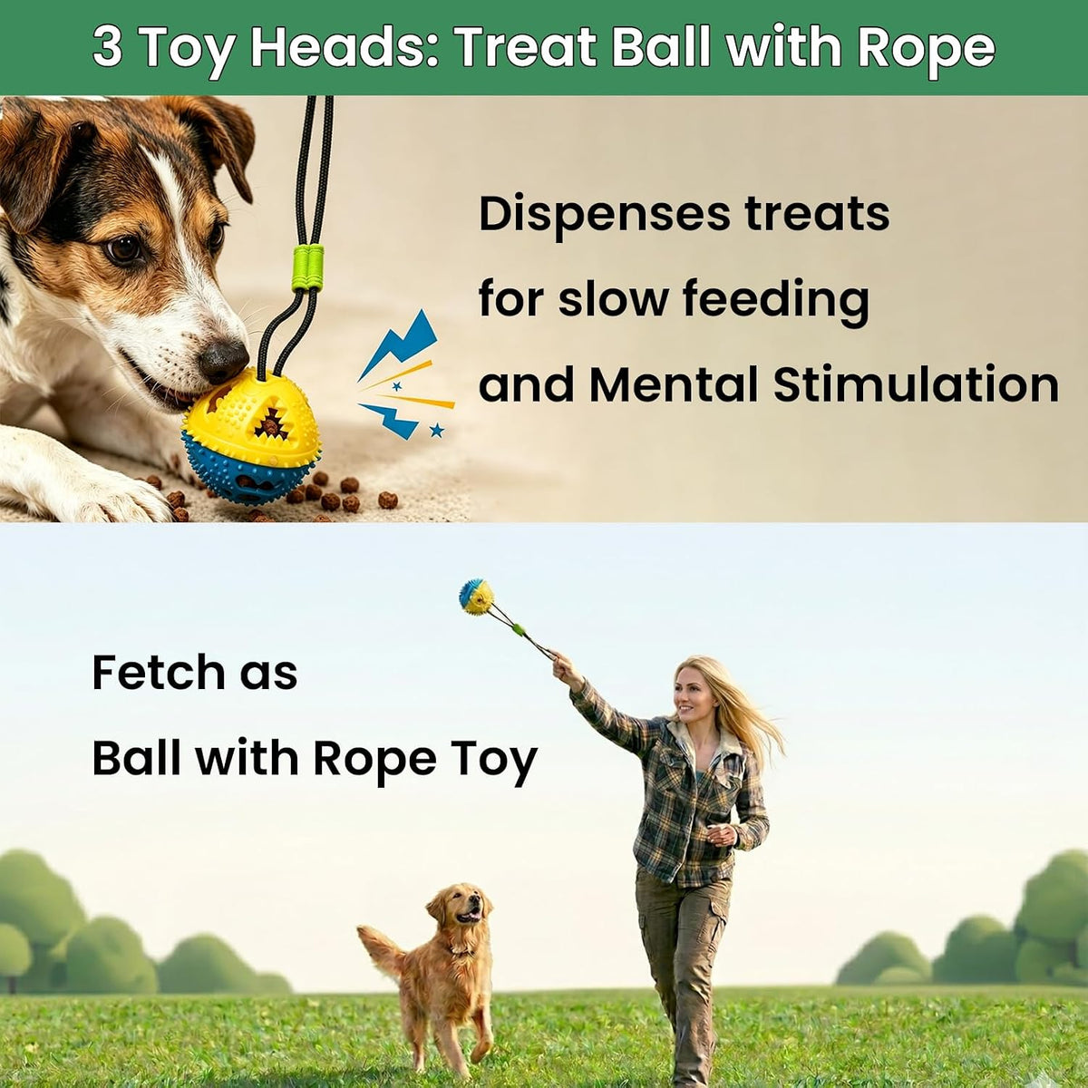 Medium sized dog enthusiastically playing tug of war with the hanging spring pole