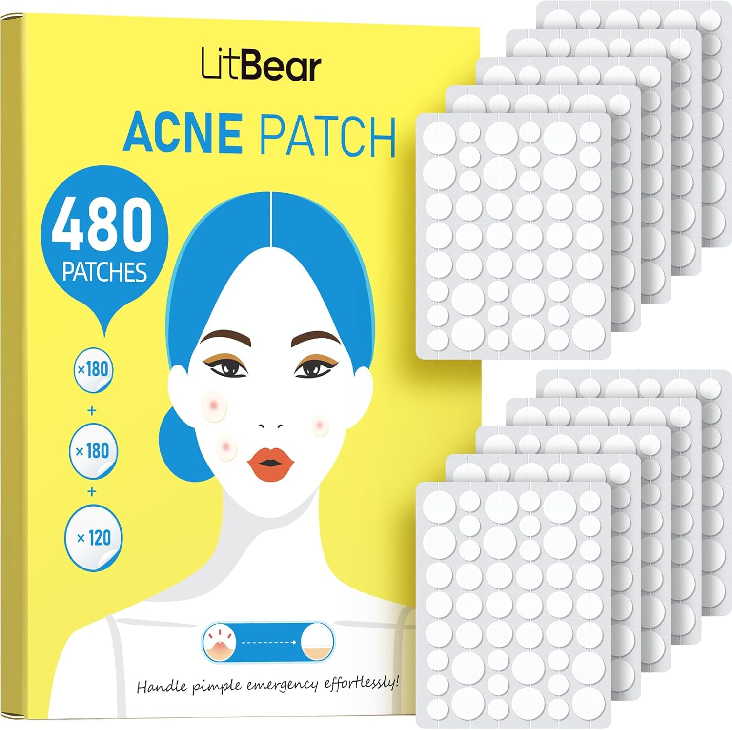 LitBear Pimple Patch Bulk Pack front view displaying the packaging and hydrocolloid acne stickers.
