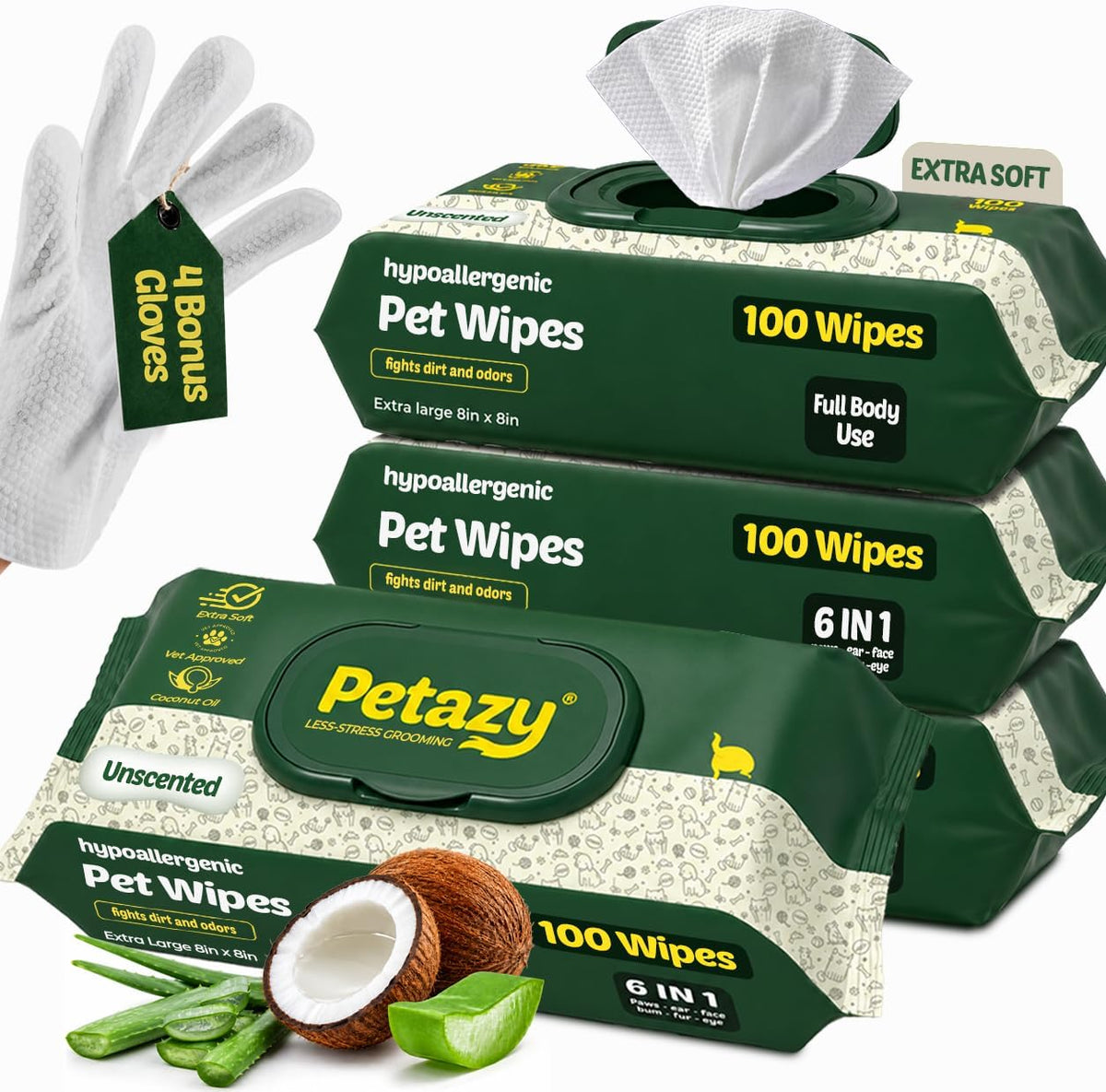 Petazy Pet Wipes for Dogs and Cats - 400 Count (8x8in) Hypoallergenic, Deodorizing Dog Wipes for Paws, Ears and Butt | XL with Aloe & Coconut Oil, Lavender Scented | Includes 4 Grooming Glove Wipes - Image 11