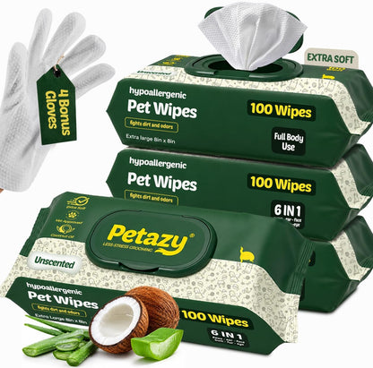 Petazy Pet Wipes for Dogs and Cats - 400 Count (8x8in) Hypoallergenic, Deodorizing Dog Wipes for Paws, Ears and Butt | XL with Aloe & Coconut Oil, Lavender Scented | Includes 4 Grooming Glove Wipes - Image 11