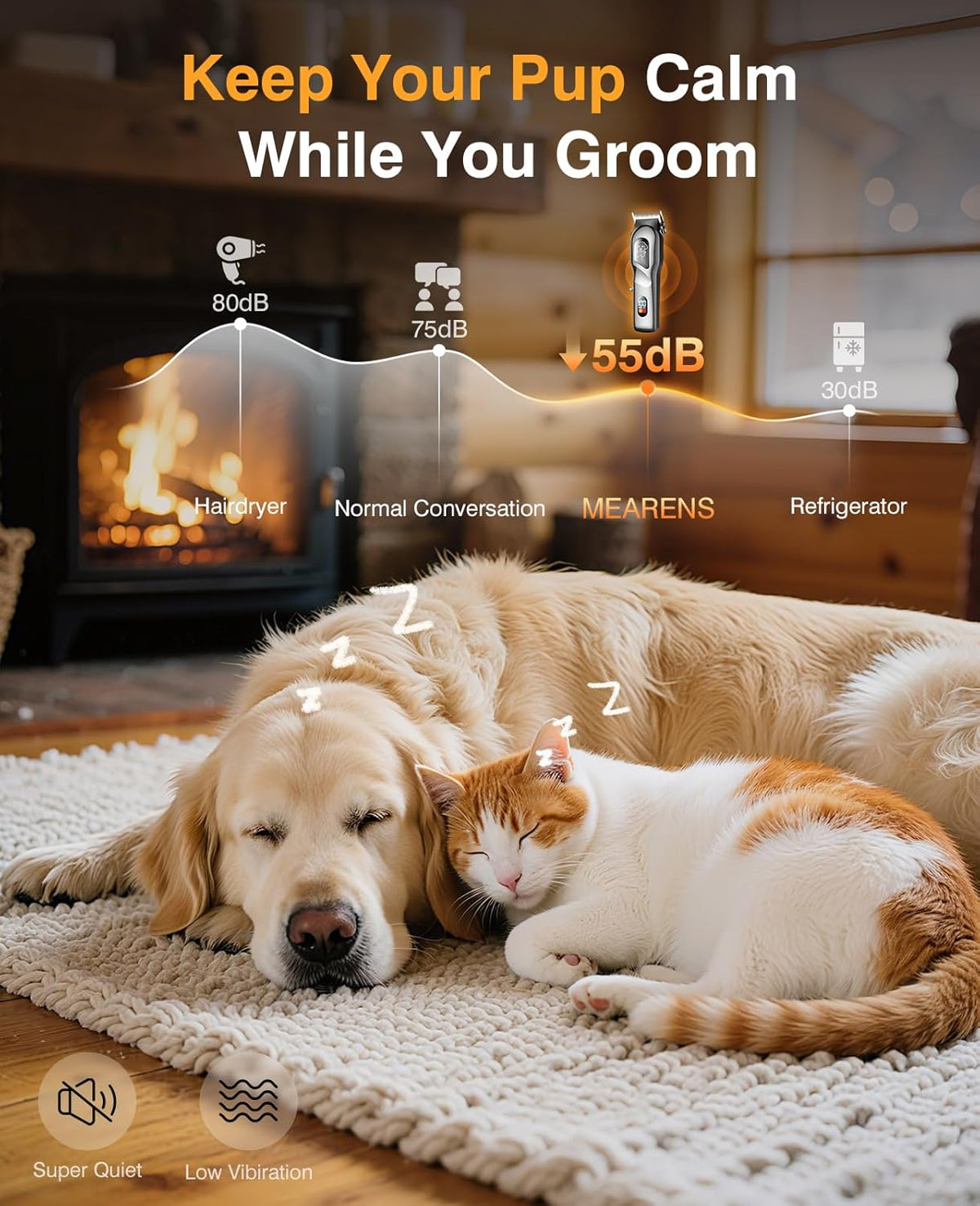 Mearens low noise pet hair trimmer showcasing the digital power display and battery indicator