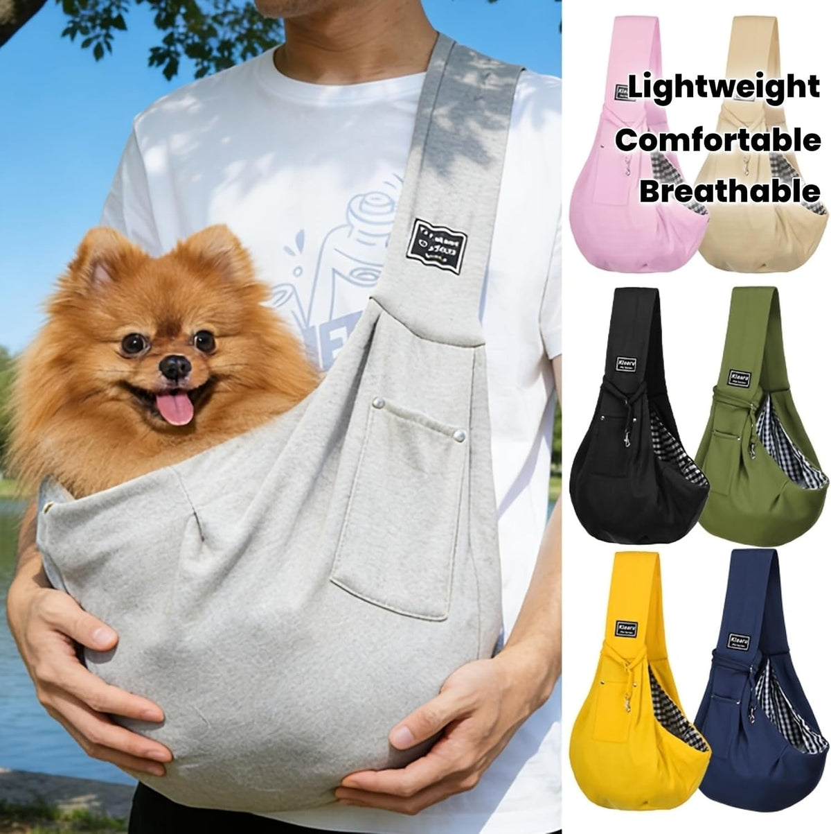 Small dog sitting comfortably in yellow pet shoulder carrier bag