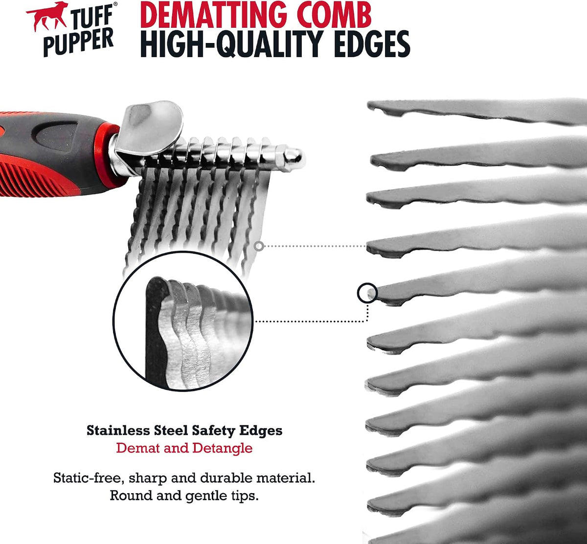 Close up of the rounded safety teeth on the Tuff Pupper dog knot remover brush.