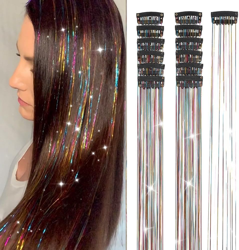 El Regalo hair tinsel kit front view showcasing twelve pieces of rainbow glitter extensions attached to black snap clips.