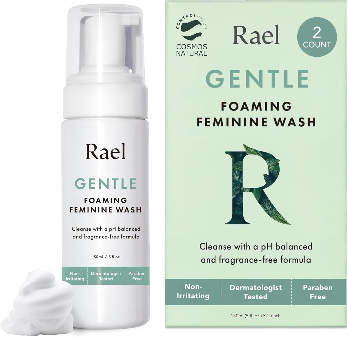 Rael Feminine Wash 2-pack front view showing foaming cleanser bottles.