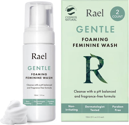 Rael Feminine Wash 2-pack front view showing foaming cleanser bottles.