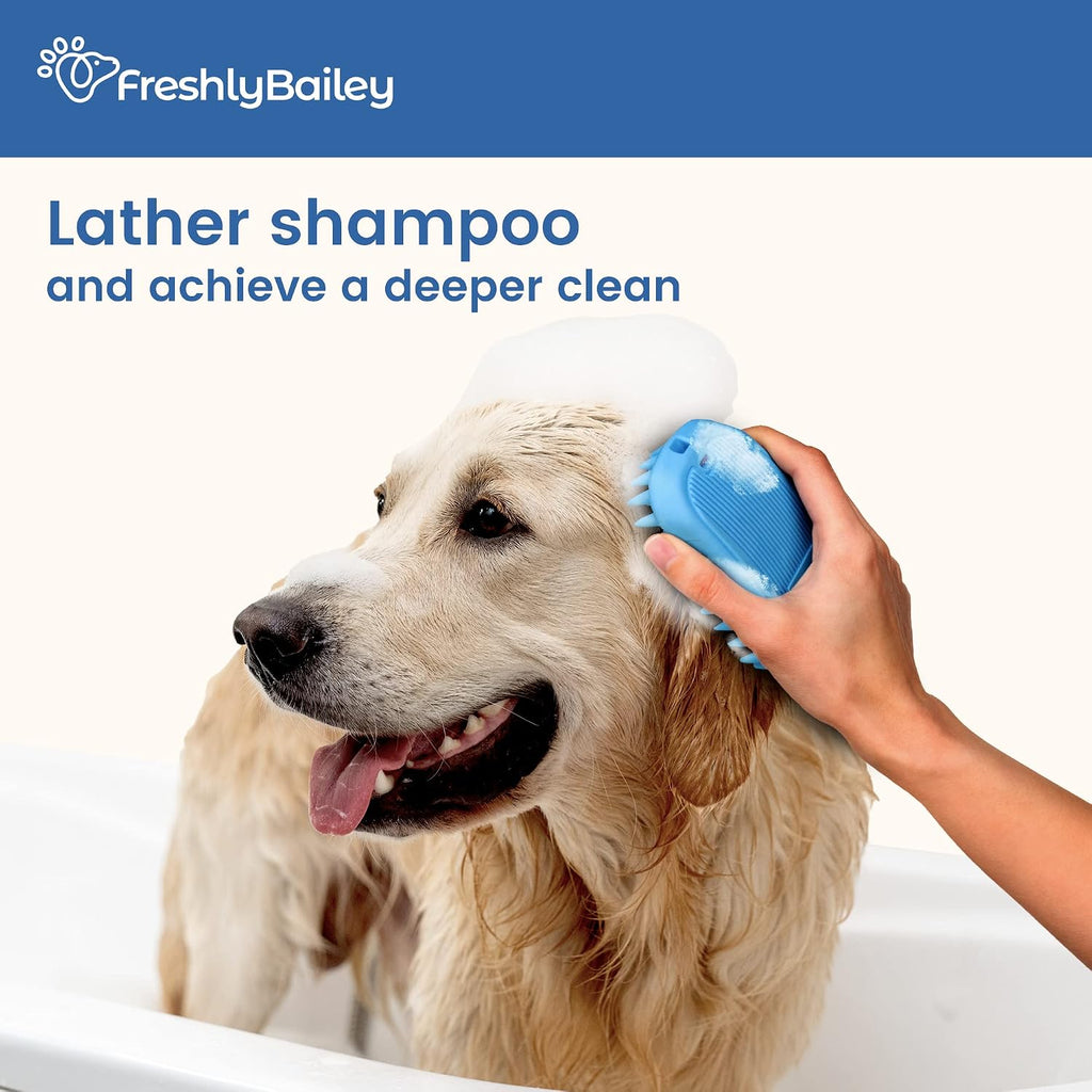 Freshly Bailey silicone dog bath brush creating lather with shampoo during a wash