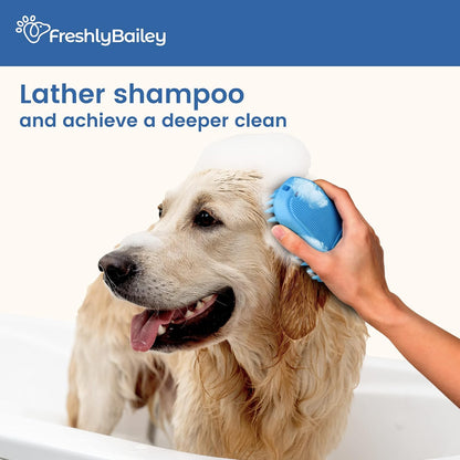 Freshly Bailey silicone dog bath brush creating lather with shampoo during a wash