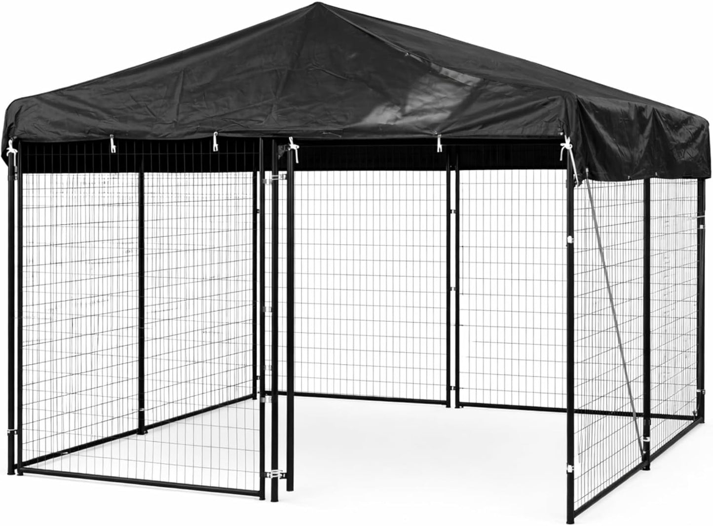 WJYZHM outdoor dog kennel cover front view showing heavy duty waterproof black fabric canopy on a ten by ten feet pet enclosure