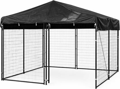WJYZHM outdoor dog kennel cover front view showing heavy duty waterproof black fabric canopy on a ten by ten feet pet enclosure