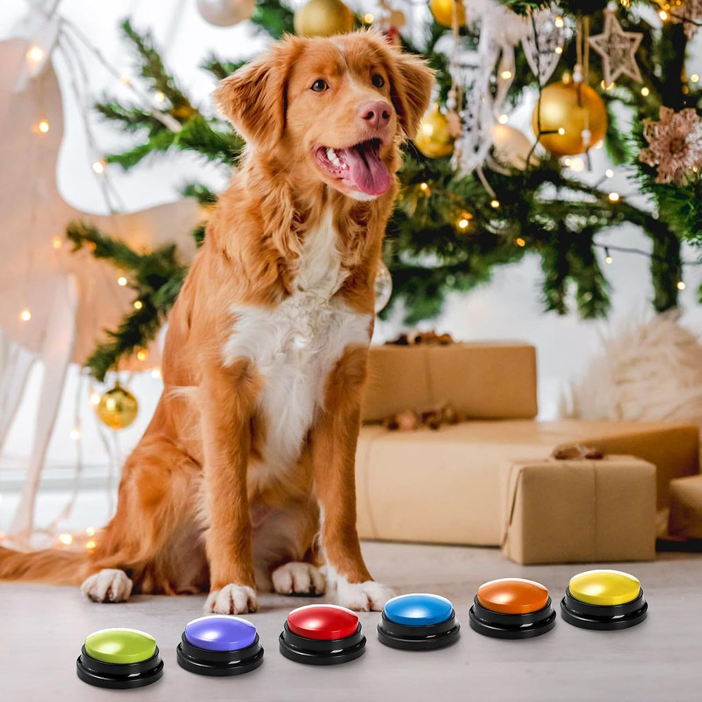 Durable ABS plastic talking pet buzzer being pressed by a hand