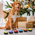 Durable ABS plastic talking pet buzzer being pressed by a hand