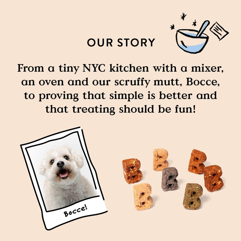 Bocce's Bakery fresh breath dog chews packaging indicating the wheat free recipe formula