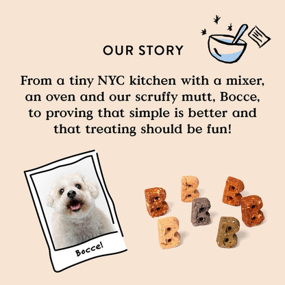 Bocce's Bakery fresh breath dog chews packaging indicating the wheat free recipe formula