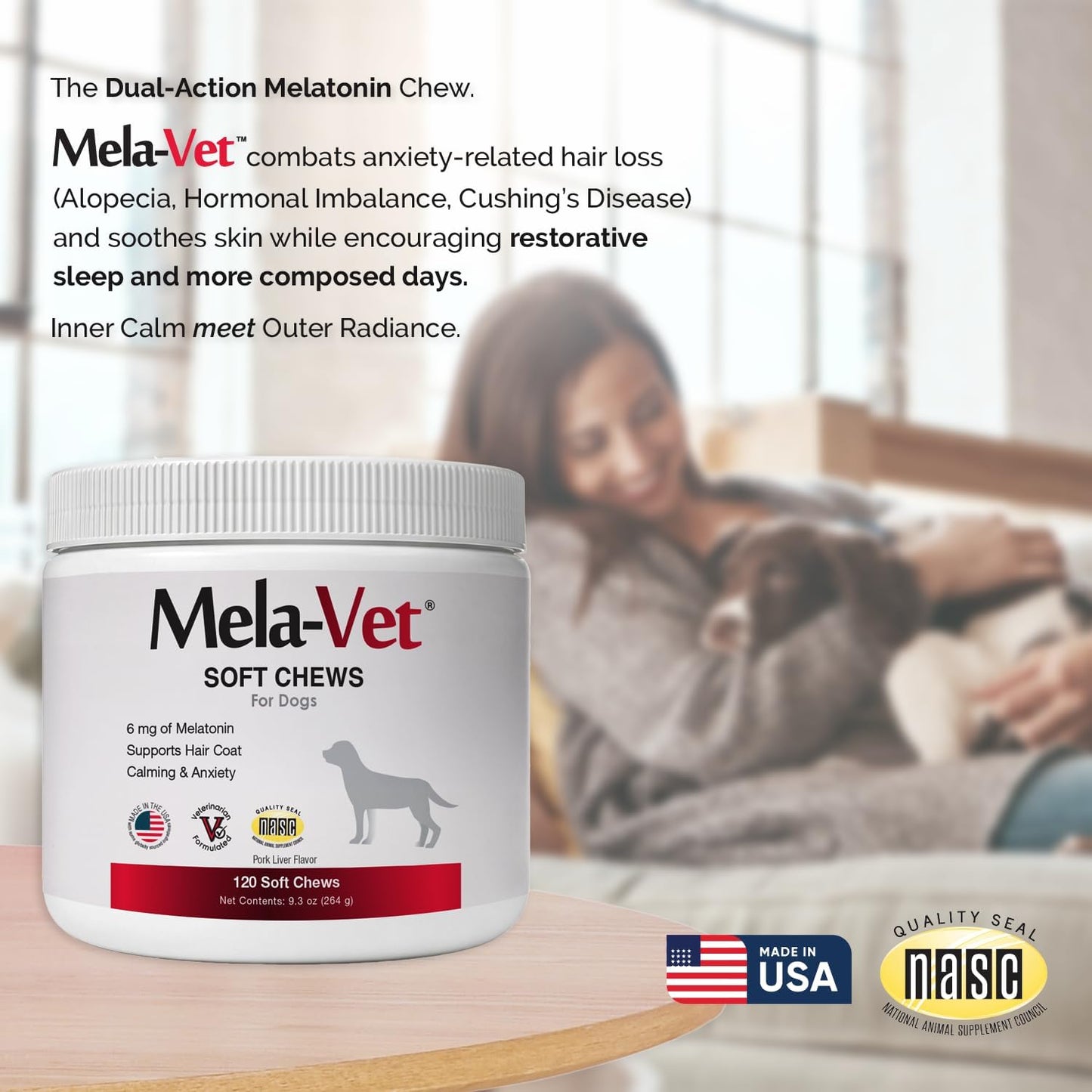 Mela-Vet dog calming chews 120 count container for separation anxiety