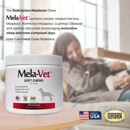 Mela-Vet dog calming chews 120 count container for separation anxiety