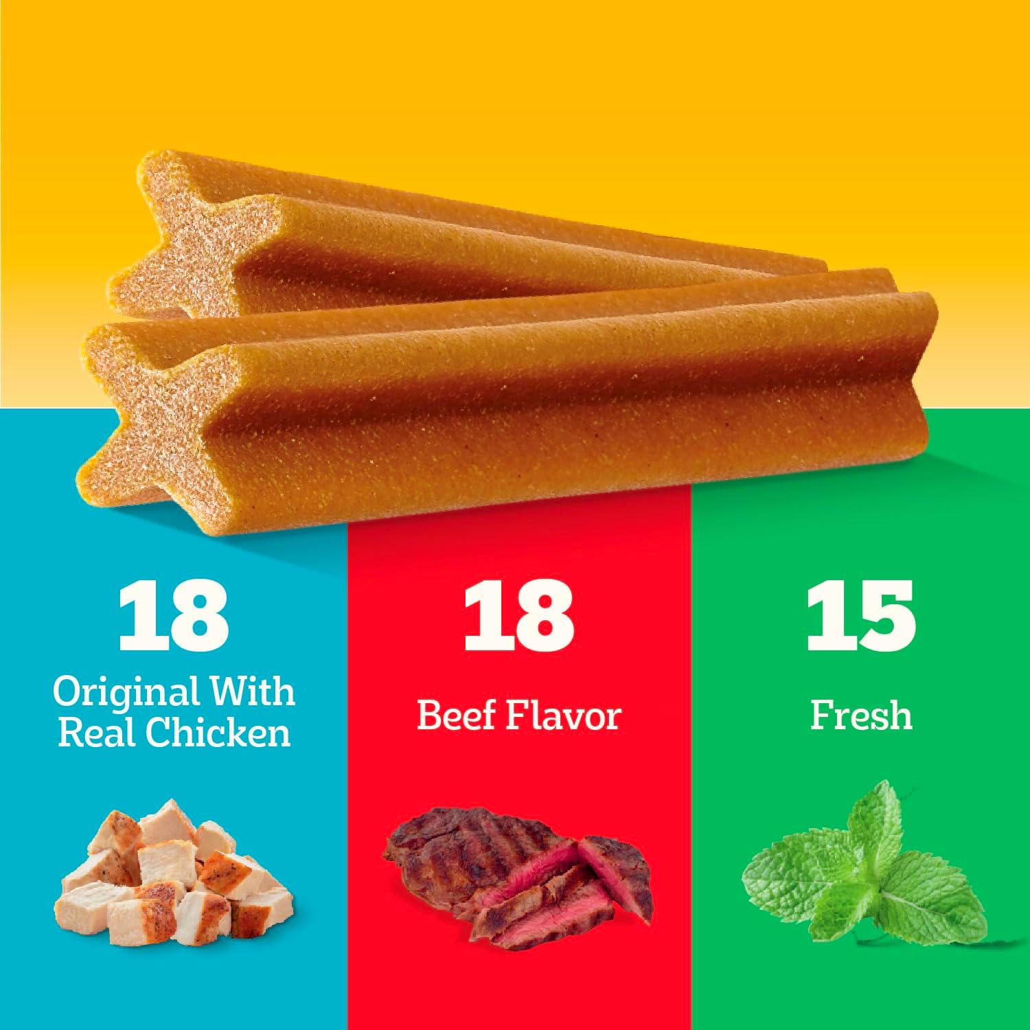 Back packaging of Pedigree Dentastix Large dog treats with daily feeding instructions