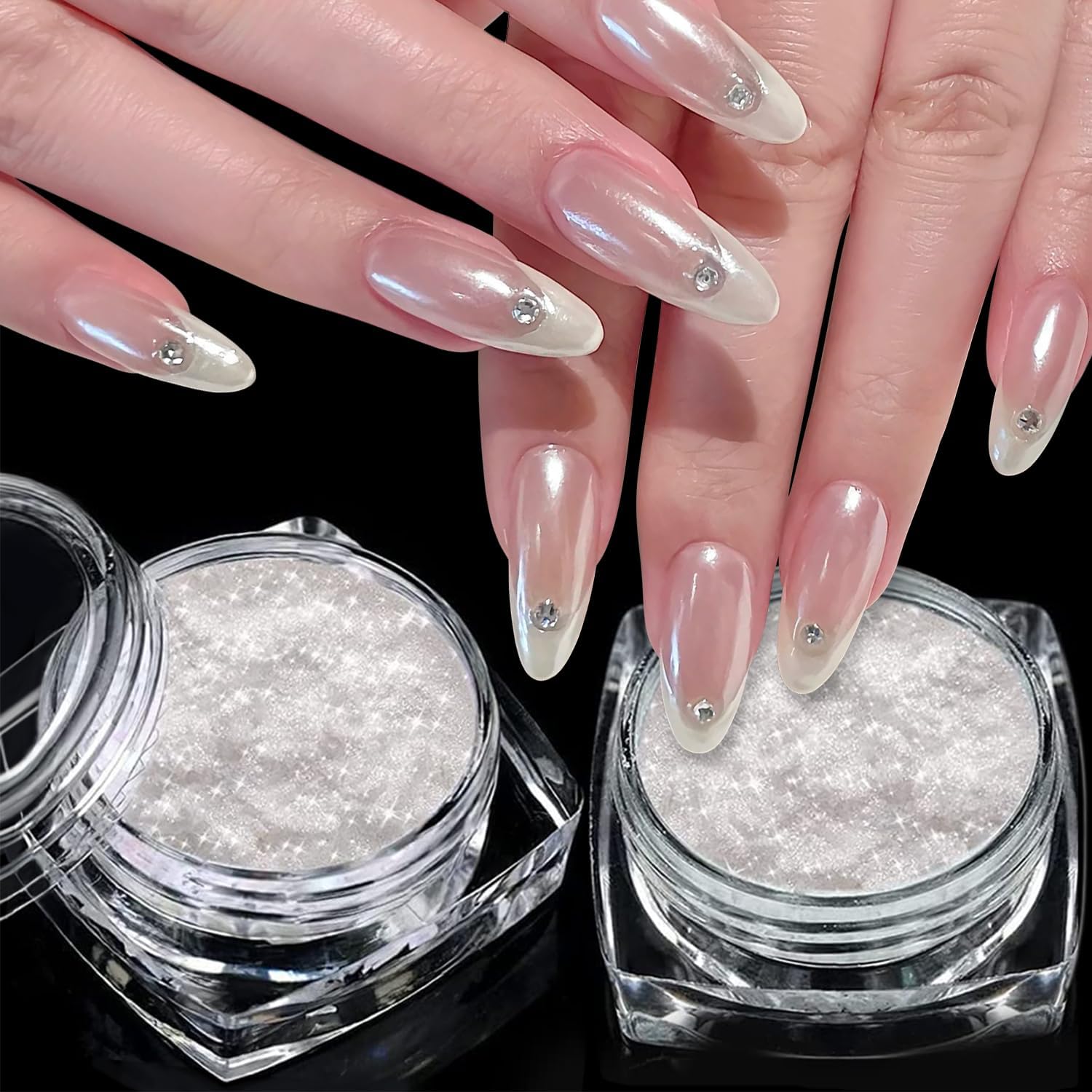 Lokby 2 Jars White Clear Chrome Nail Powder Set front view