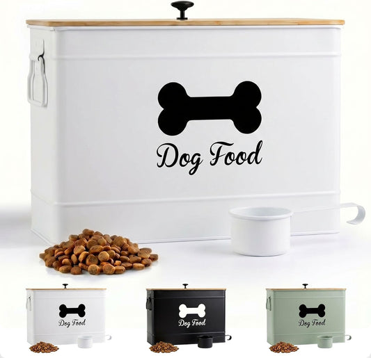 Dog Food Container Airtight 15-20 lb (70 Cup) Capacity with Metal Scoop - Cute Airtight Dog Food Storage Container with Bamboo Lid - White Metal Kibble Storage Bin for Dogs up to 100 lbs - Big Pet Jar - Image 1