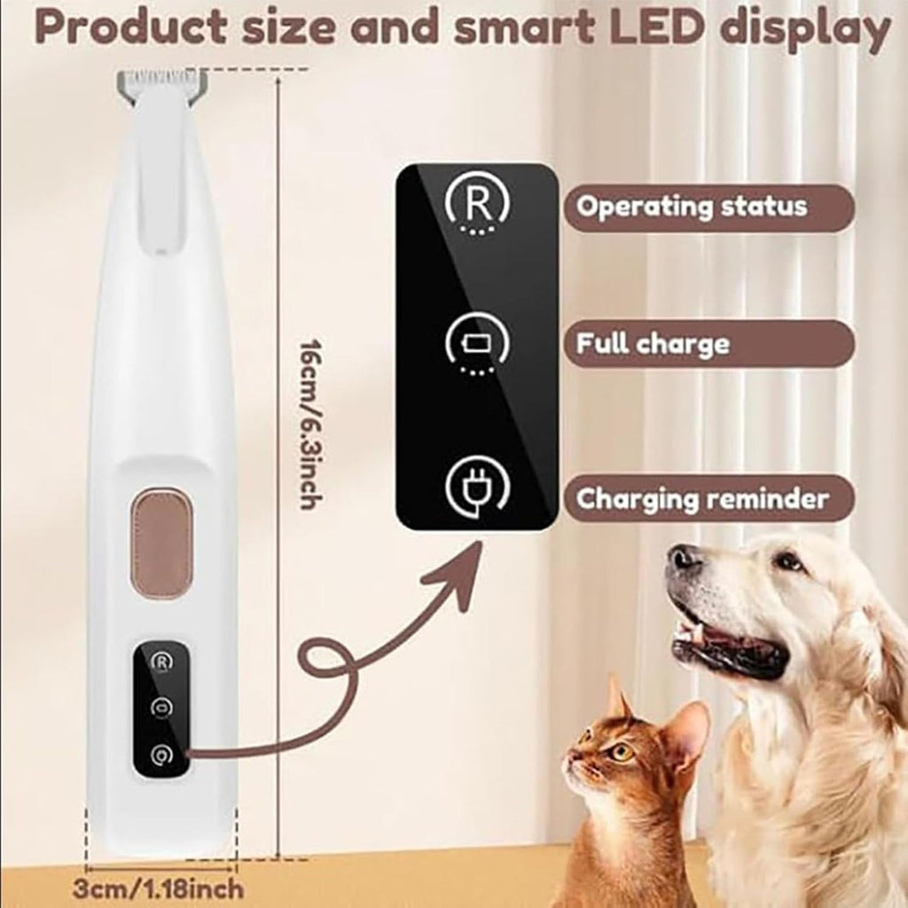 Lobuobi Petior cordless dog trimmer with the built in light emitting diode light turned on.