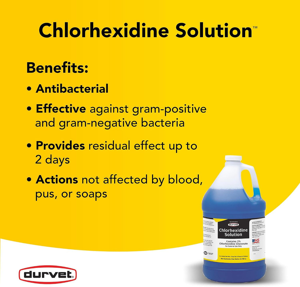 Durvet Chlorhexidine Solution label showing active ingredients and usage instructions