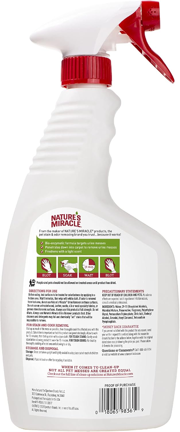Nature's Miracle enzymatic pet stain remover bottle close up
