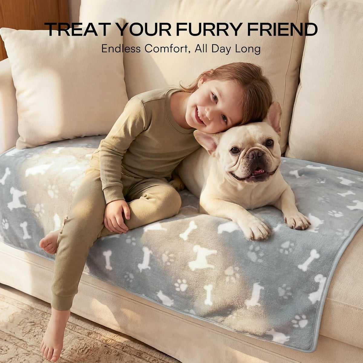 Luciphia premium fleece pet blankets spread out on a living room couch for scratch protection