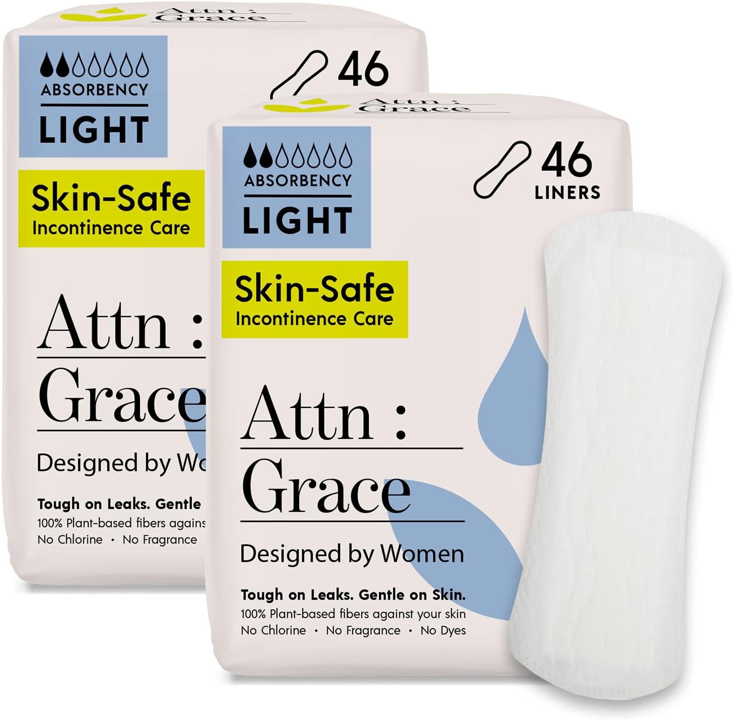Attn: Grace Panty Liners 92 count package front view showcasing plant-based personal care benefits.