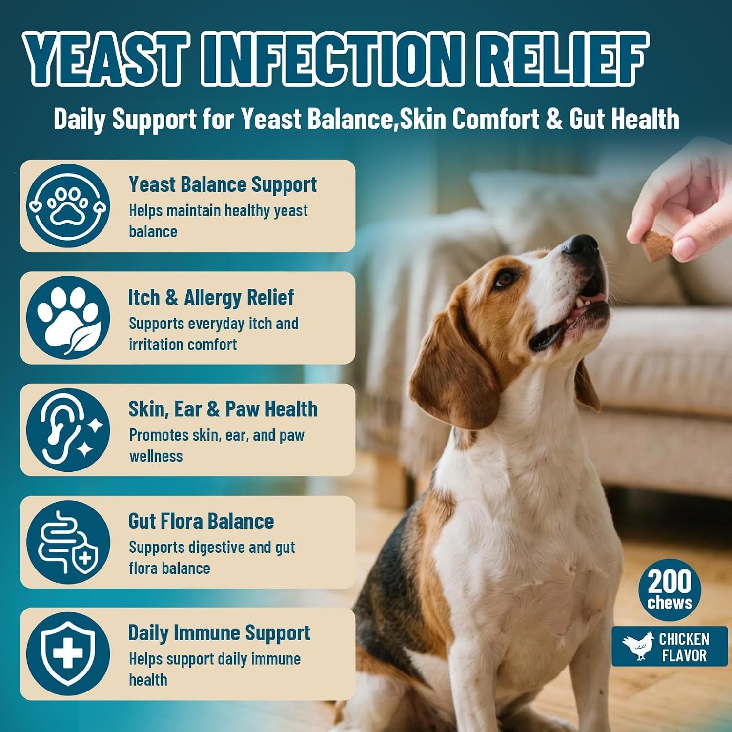 VICSOM dog anti yeast support chews packaging showing caprylic acid and probiotics benefits