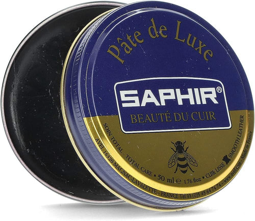 Saphir premium leather wax paste tin opened showing smooth black shoe polish formula