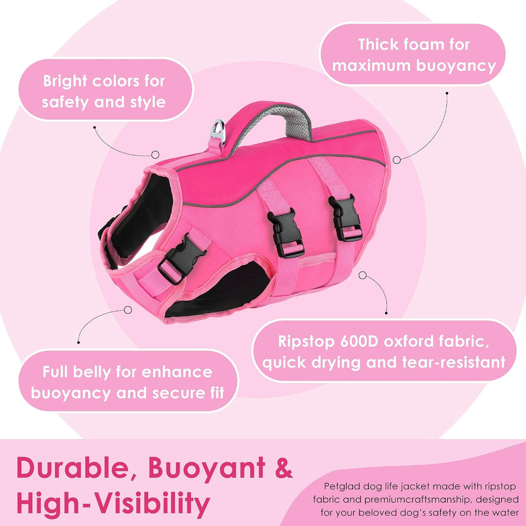 Premium pink dog flotation vest with top rescue handle for safety