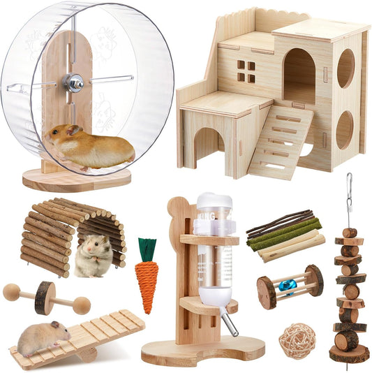 Sonwyoung 18 piece hamster cage accessories set front view showing complete habitat kit layout.