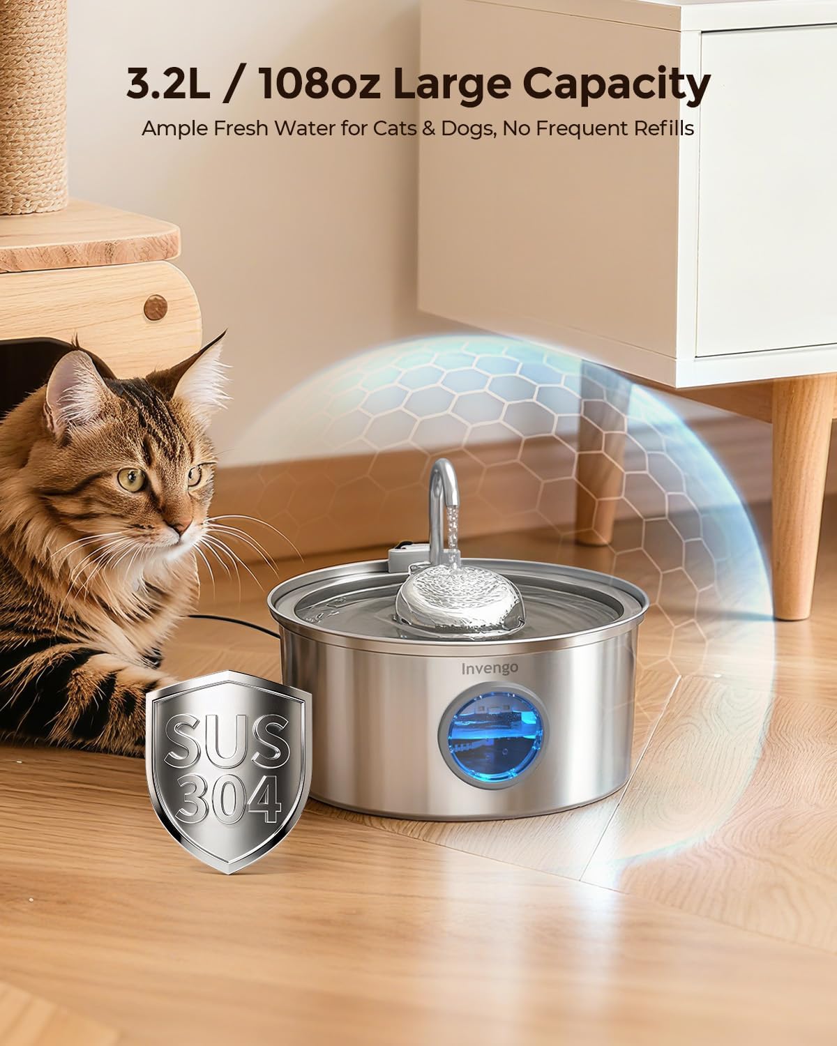 Side view of Invengo pet fountain with water level window
