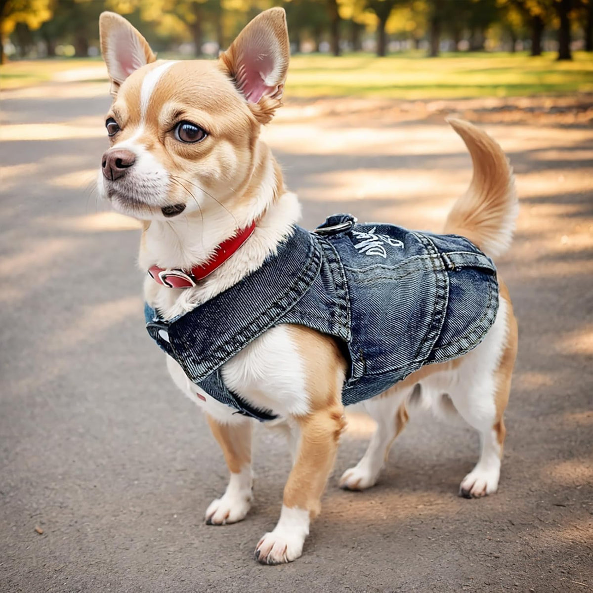 JcDuDoi washed blue denim vest highlighting the secure metal D-ring attachment for pet leashes.